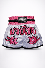 Katsudo Sabrina pantalones cortos de muay thai para mujer, blanco rosa