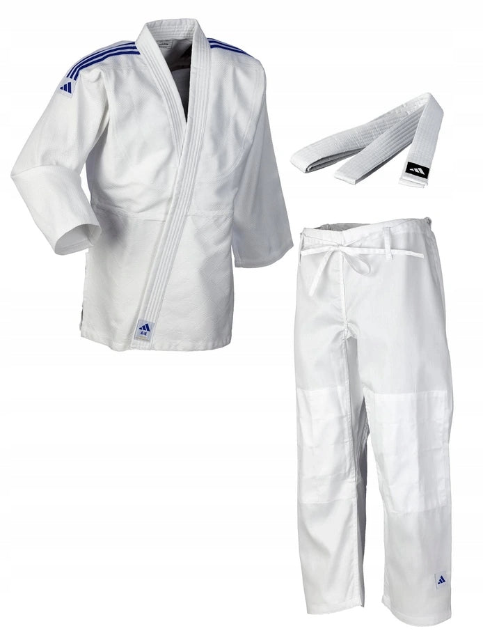Kimono Adidas JU con rayas azules Club 350 g, blanco