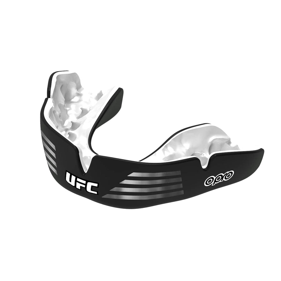 Opro Senior Instant Custom Fit UFC protector bucal, negro plateado blanco