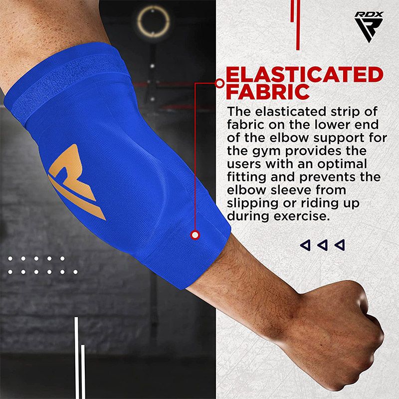 RDX protector de codos acolchado para entrenamiento de Muay Thai y MMA, azul-dorado